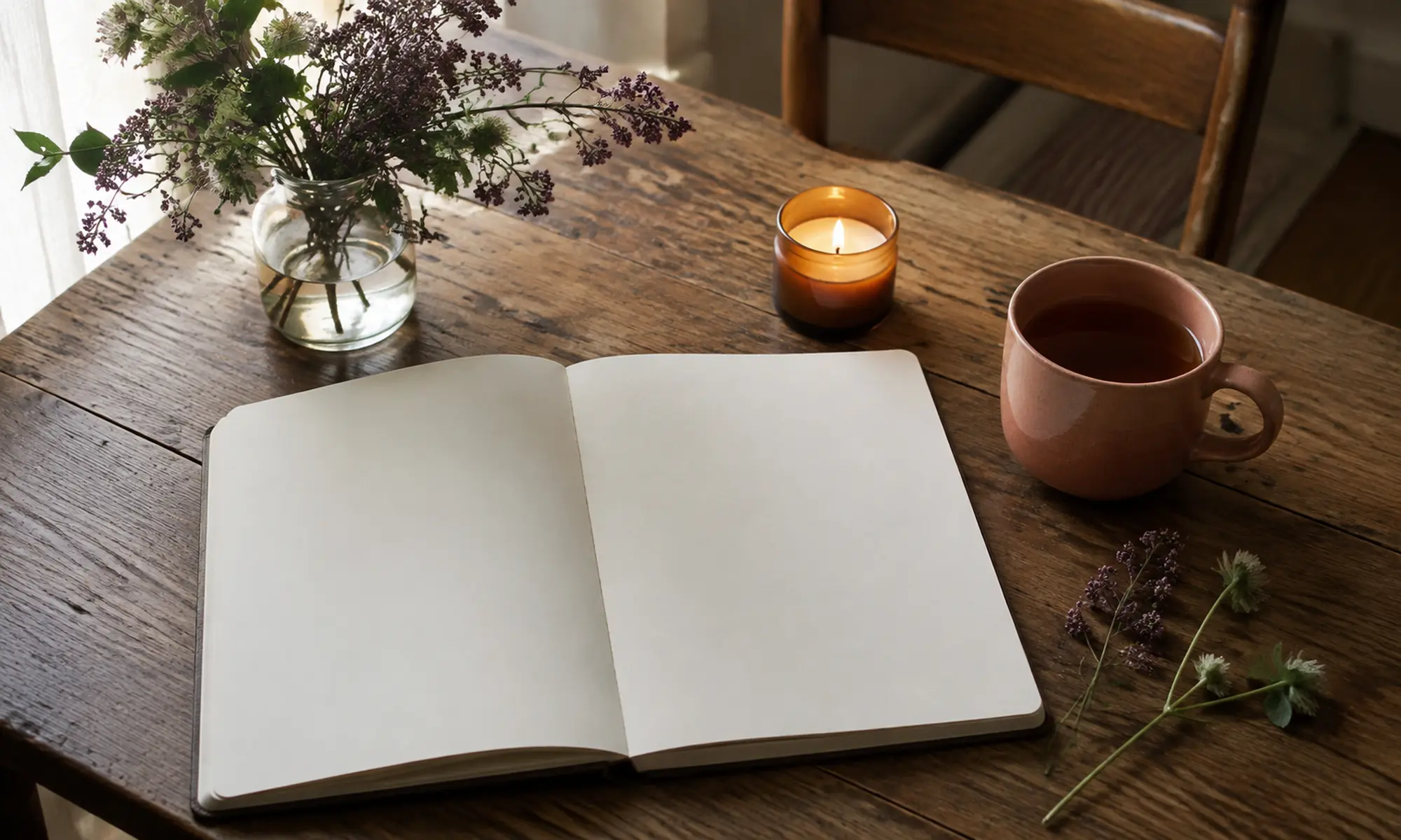En öppen skrivbok, te och små vilda blommor på ett bord