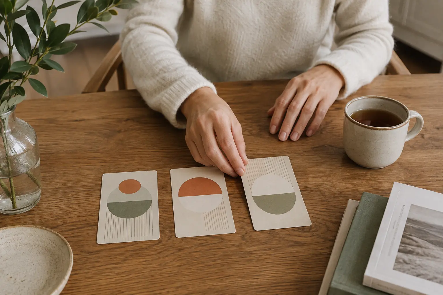 Tre illustrerade tarotkort på ett varmt träbord i mjukt ljus.