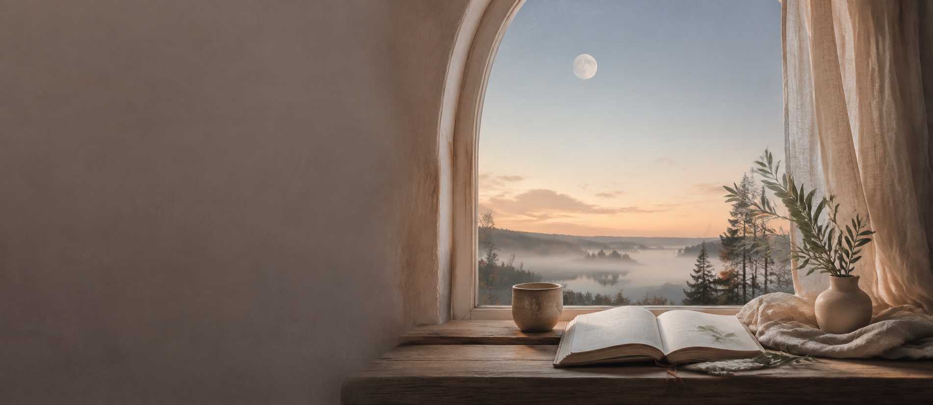 En varm och stilla morgon vid ett fönster med tekopp och skrivbok
